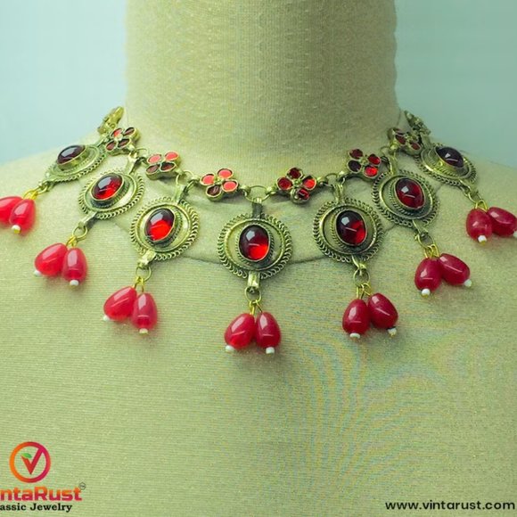 Afghani Stone Jewelry Set, Handmade Choker Necklace With Earrings, Tribal Jewelr - Picture 8 of 9